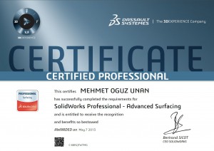 Solidworks ''Yüzey İşleri'' Uzman Sertifikası
