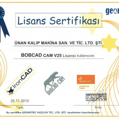 BobCAD-CAM ''Şirket Lisans'' Sertifikası