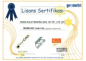 BobCAD-CAM ''Şirket Lisans'' Sertifikası